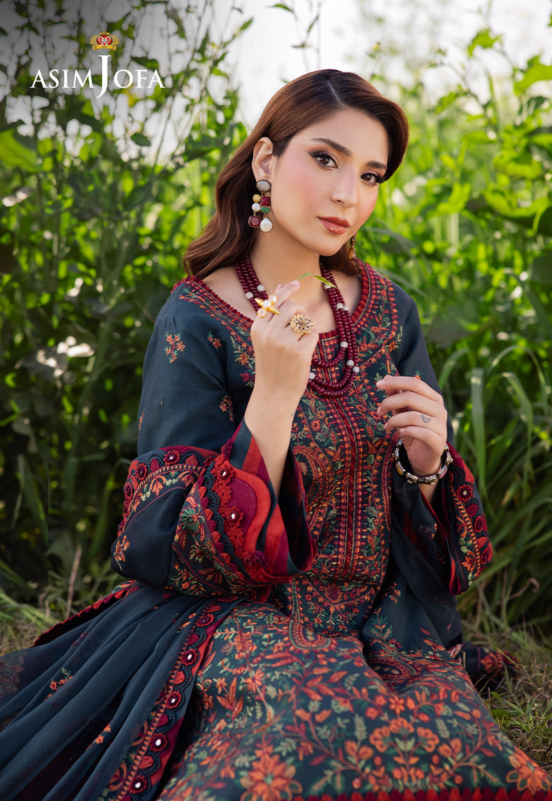 '-3PC DHANAK EMBROIDERED SHIRT WITH DHANAK EMBROIDERED SHAWL AND TROUSER - 677