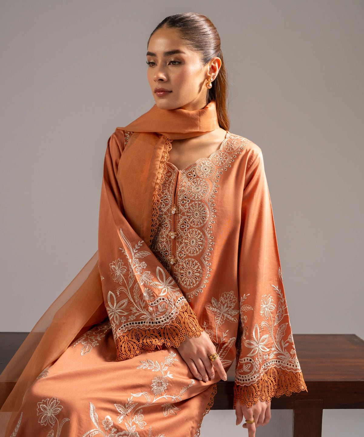 Rust Orange Dhanak Suit – Fully Embroidered Front & Sleeves (HE D#27)