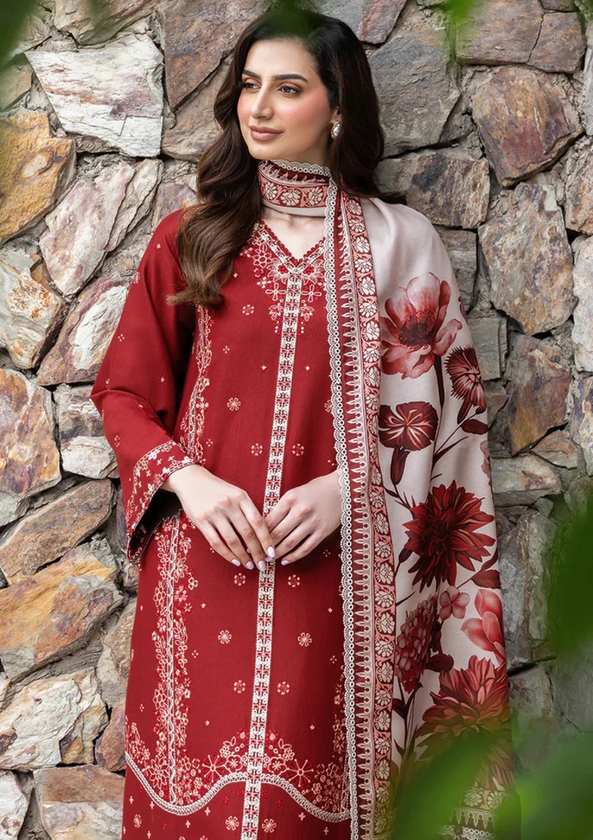 Three Piece Lawn Embroidery Collection Digital Print Voil Dobby Dupatta