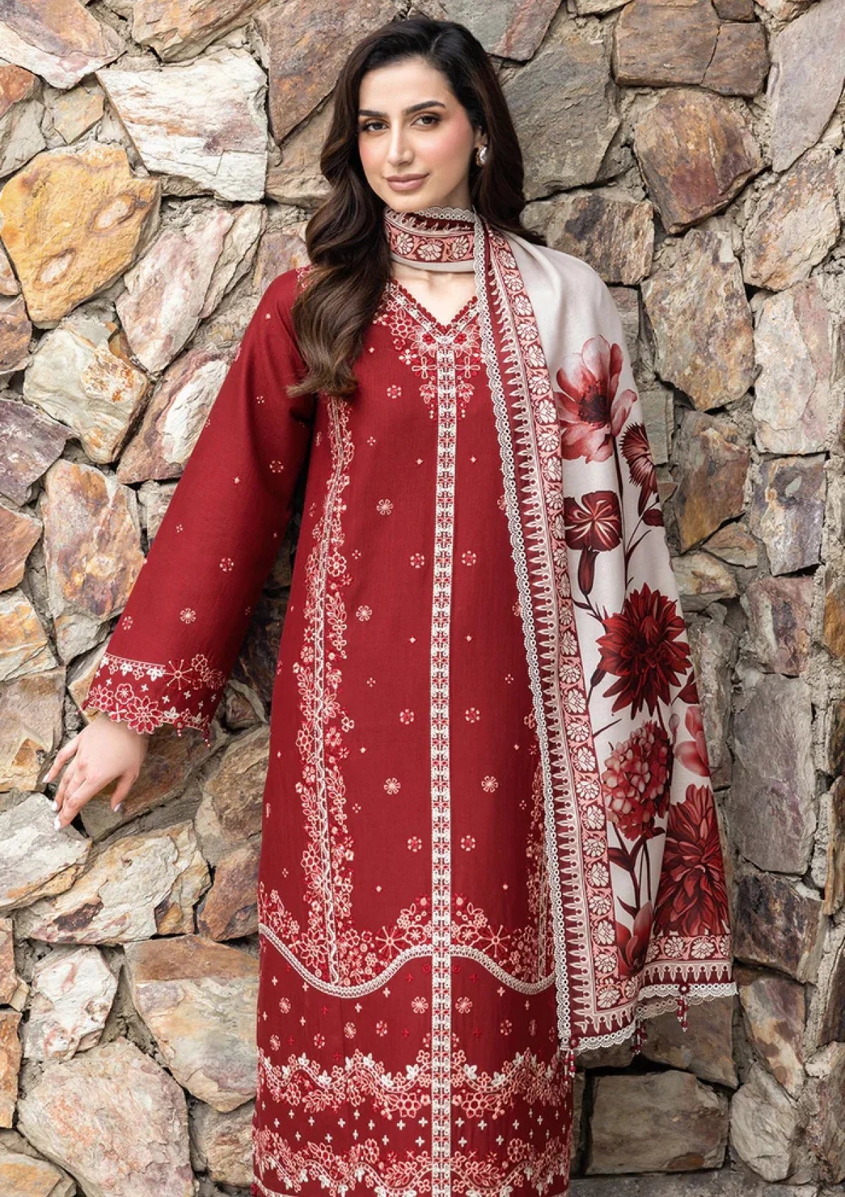 Three Piece Lawn Embroidery Collection Digital Print Voil Dobby Dupatta