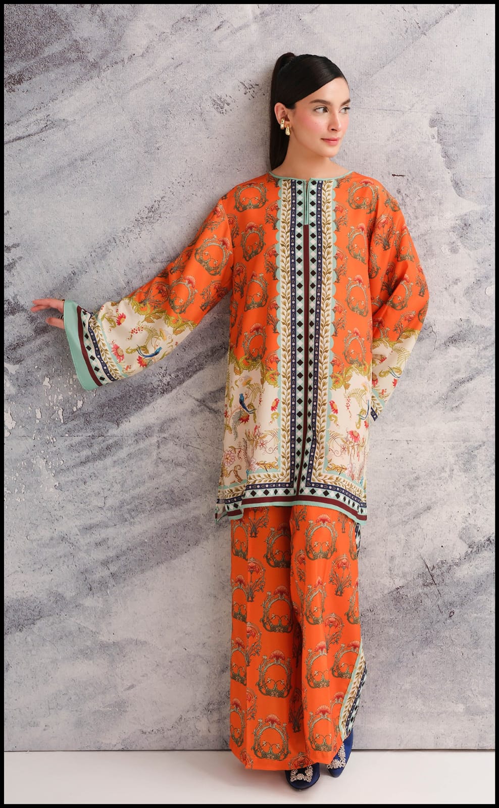 Orange printed unstitched 2PC co-ord set for women
