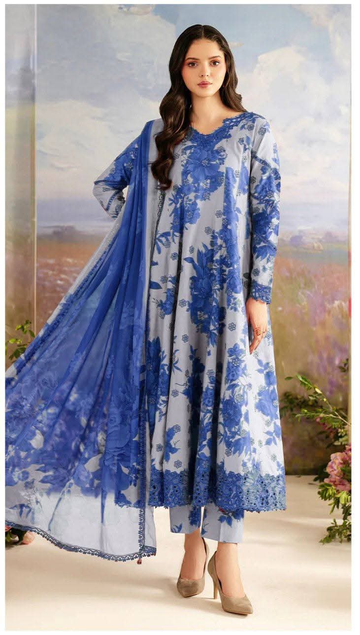Blue Floral Printed 3-Piece Unstitched Lawn Suit D#487B (HE)