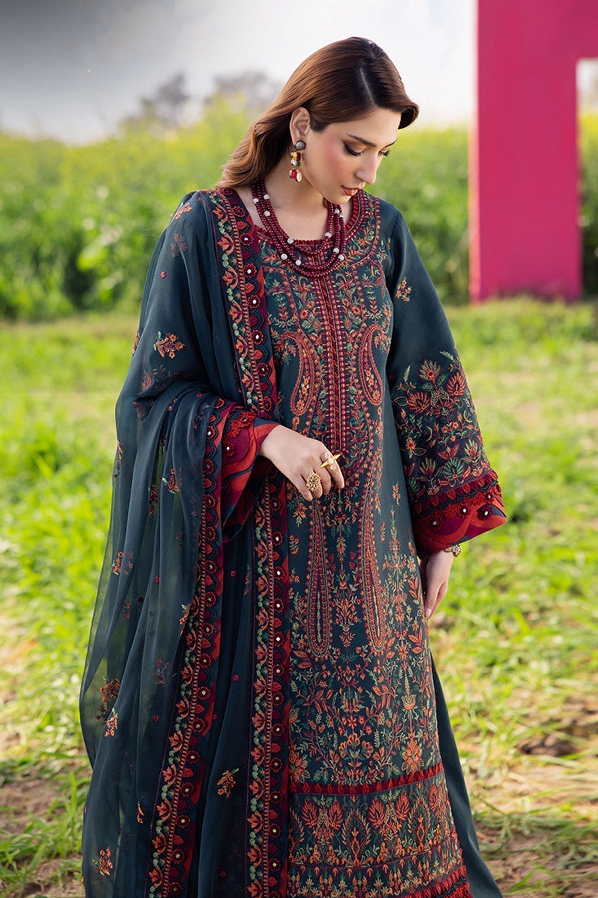'-3PC DHANAK EMBROIDERED SHIRT WITH DHANAK EMBROIDERED SHAWL AND TROUSER - 677