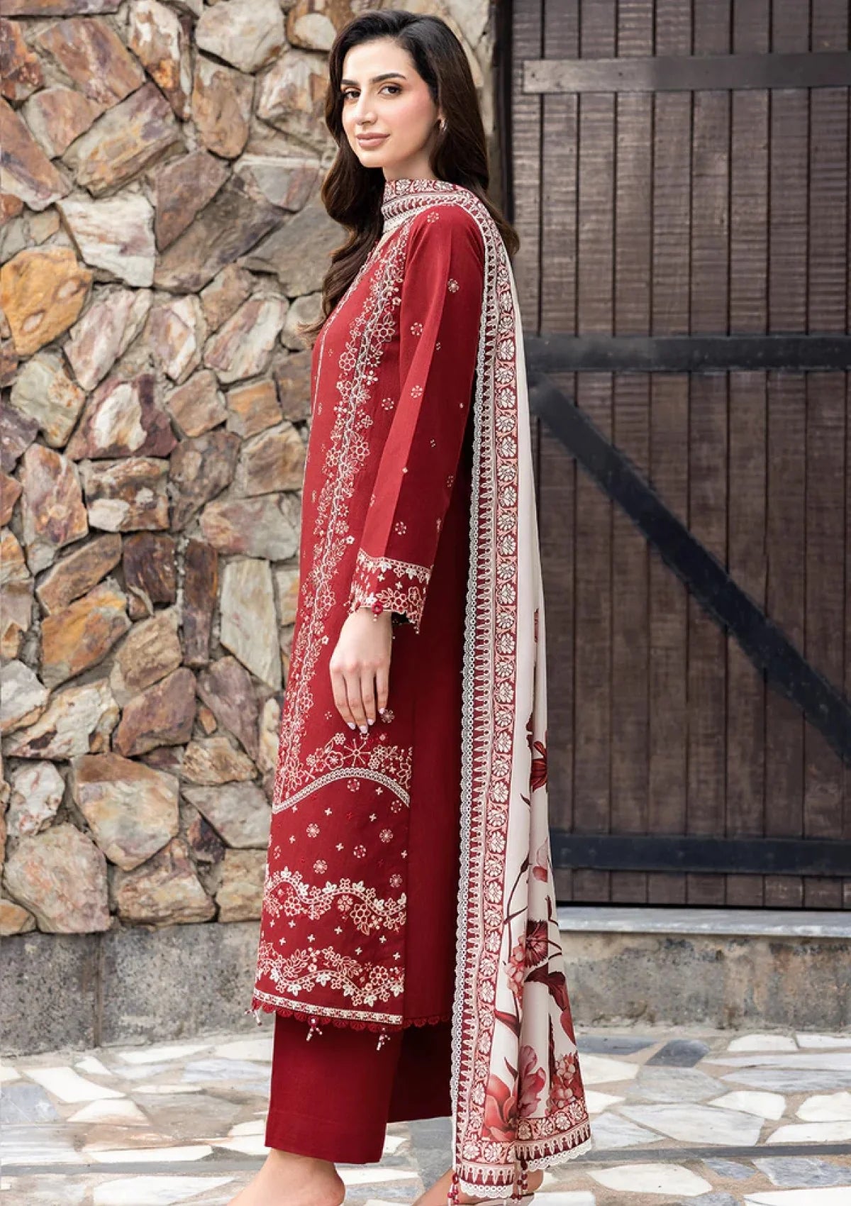 Three Piece Lawn Embroidery Collection Digital Print Voil Dobby Dupatta