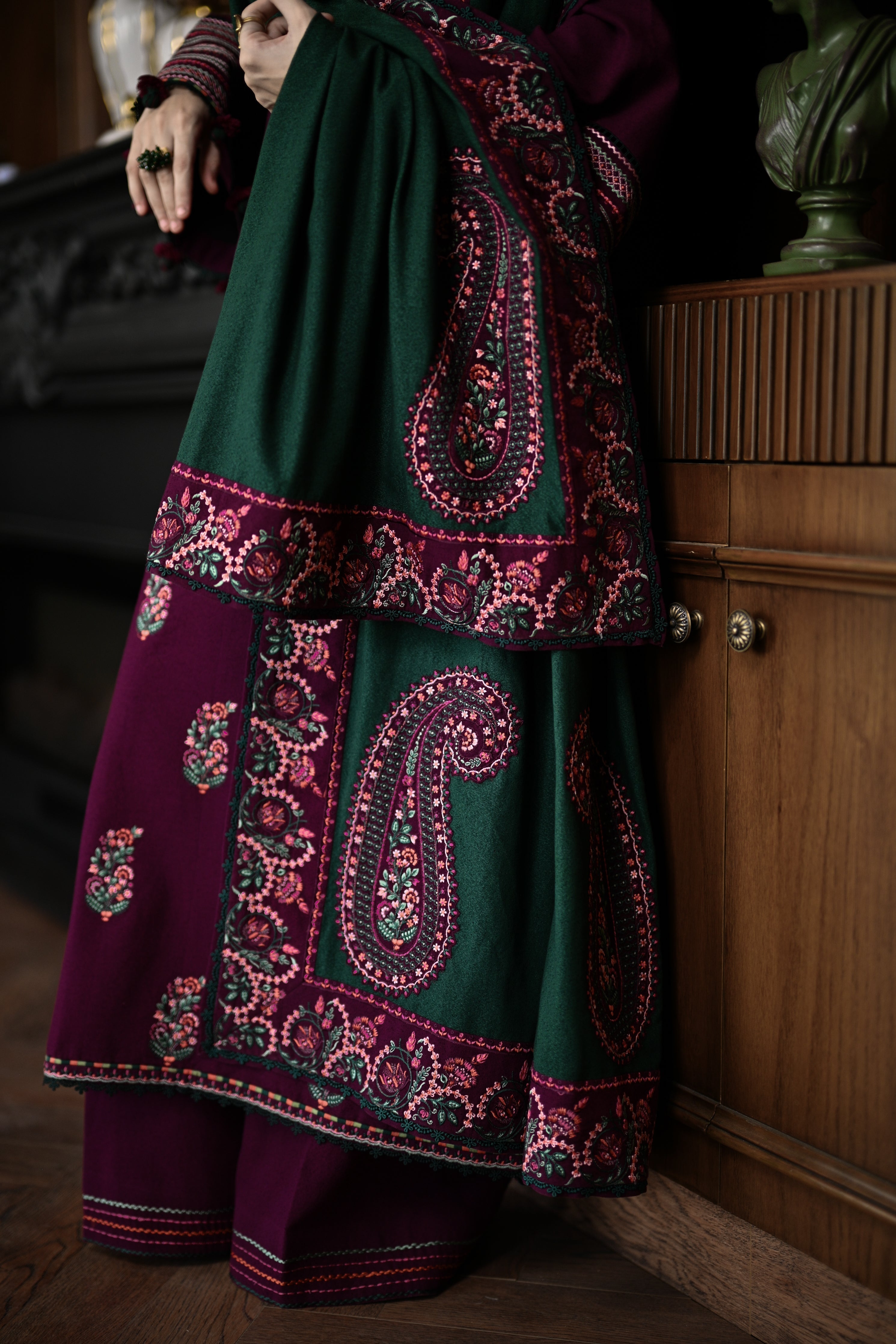 '-3PC DHANAK EMBROIDERED SHIRT WITH DHANAK EMBROIDERED SHAWL AND TROUSER- 678