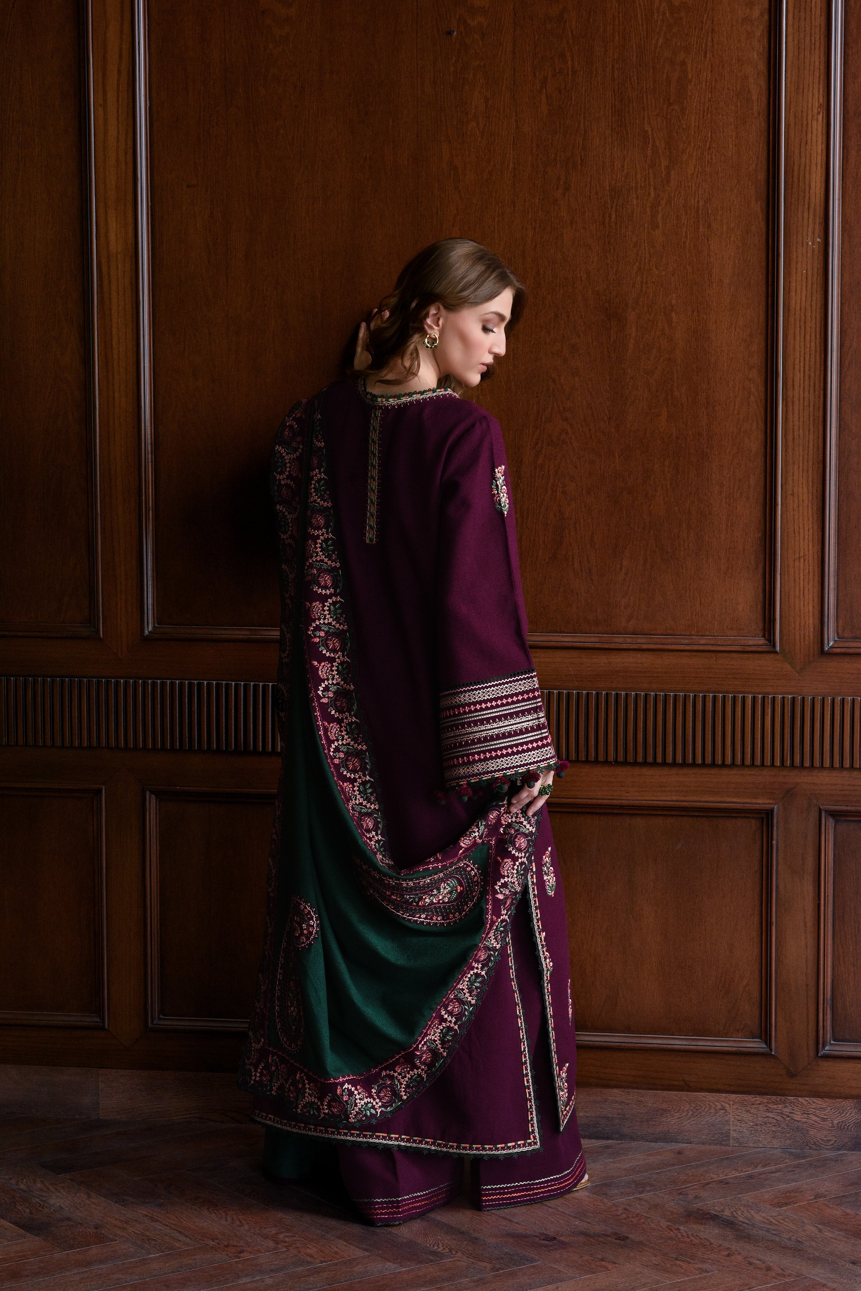 '-3PC DHANAK EMBROIDERED SHIRT WITH DHANAK EMBROIDERED SHAWL AND TROUSER- 678