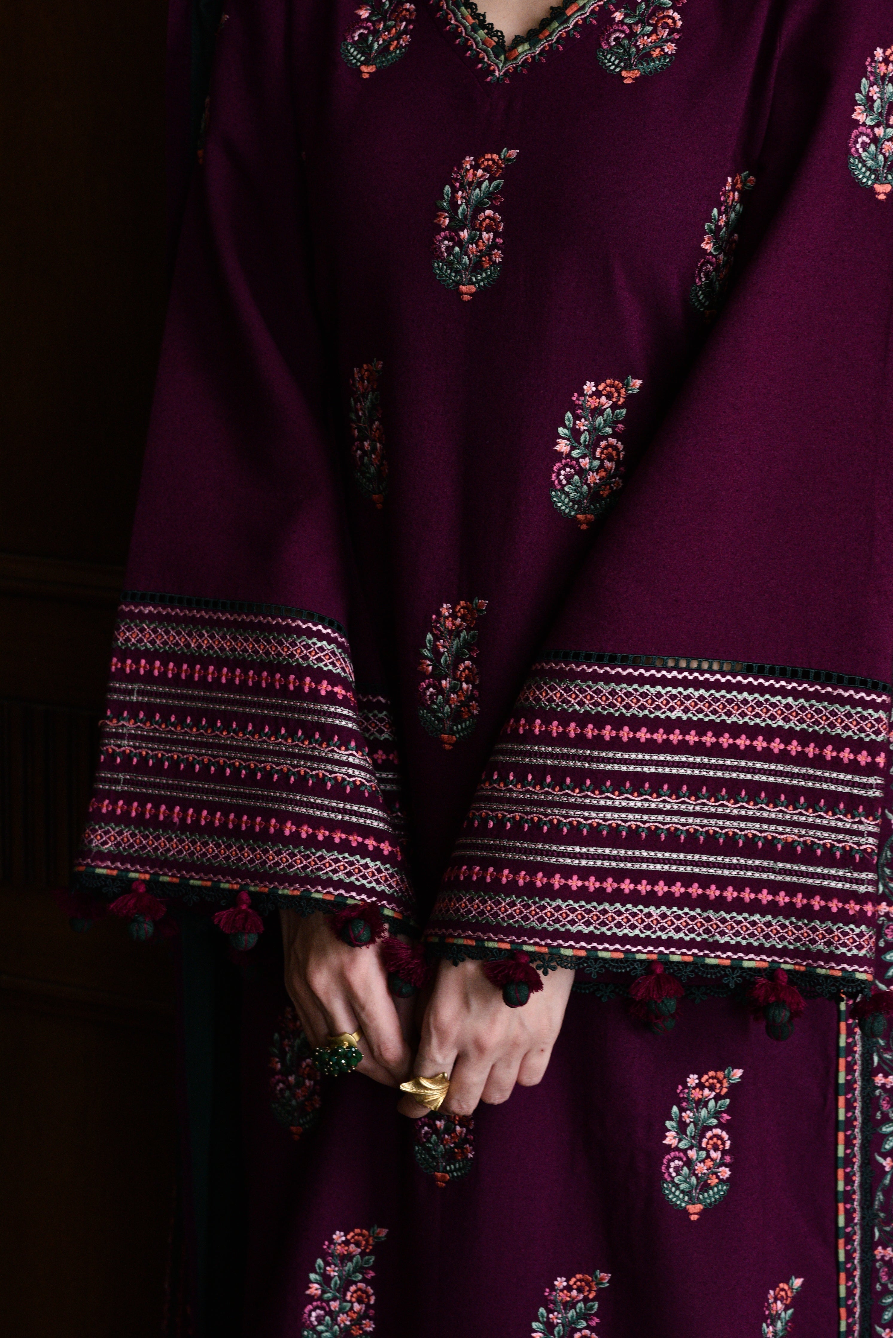 '-3PC DHANAK EMBROIDERED SHIRT WITH DHANAK EMBROIDERED SHAWL AND TROUSER- 678
