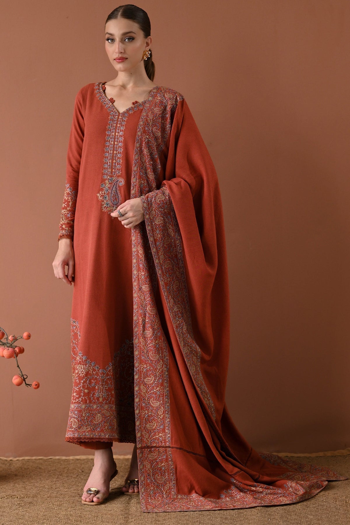 '-3PC DHANAK EMBROIDERED SHIRT WITH DHANAK EMBROIDERED SHAWL AND TROUSER- 679