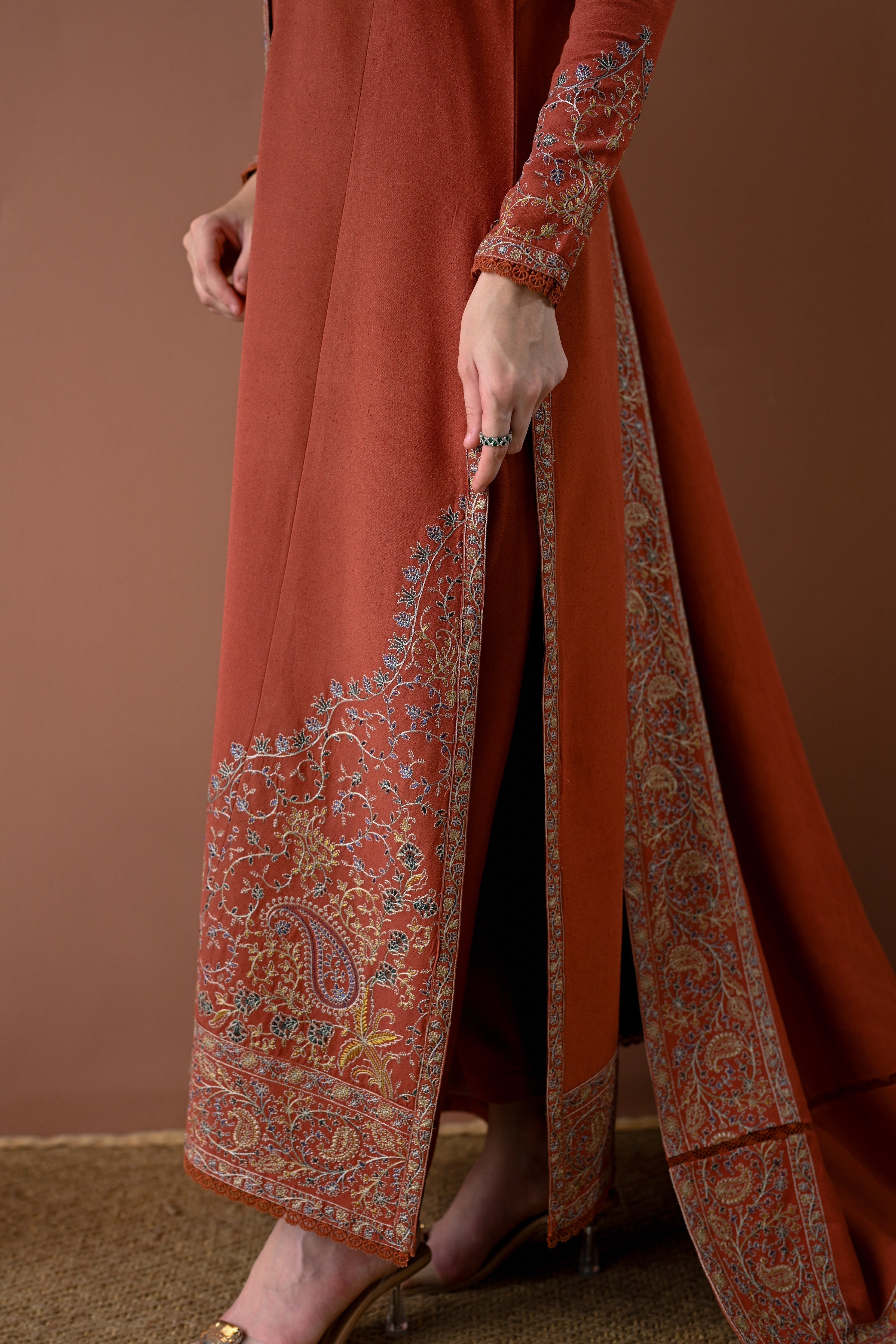 '-3PC DHANAK EMBROIDERED SHIRT WITH DHANAK EMBROIDERED SHAWL AND TROUSER- 679