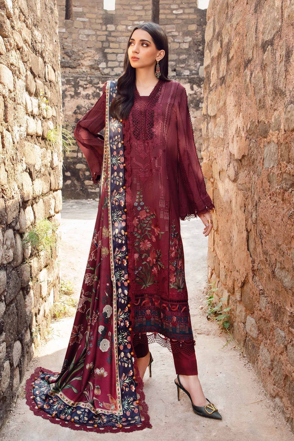 3PC DHANAK EMBROIDERED SHIRT WITH TWILL PRINTED SHAWL  - 213