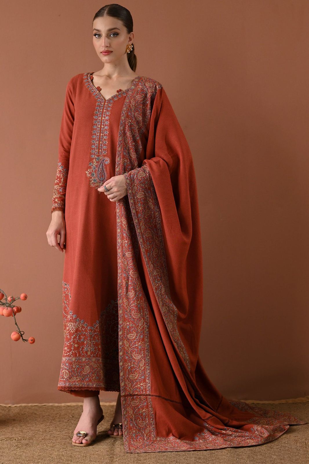 '-3PC DHANAK EMBROIDERED SHIRT WITH DHANAK EMBROIDERED SHAWL AND TROUSER- 679
