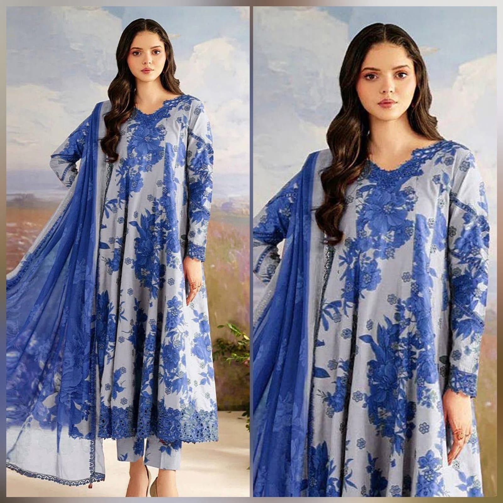 Blue Floral Printed 3-Piece Unstitched Lawn Suit D#487B (HE)