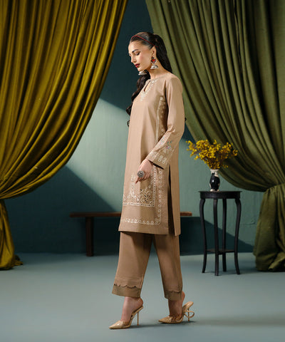 Camel Brown Embroidered 3PC Dhanak Suit with Digital Printed Shawl (HE D#331)