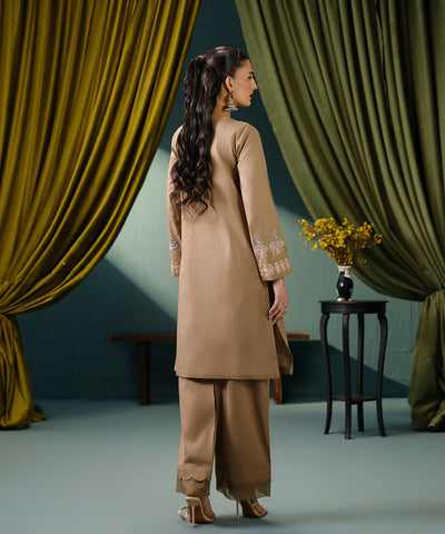 Camel Brown Embroidered 3PC Dhanak Suit with Digital Printed Shawl (HE D#331)