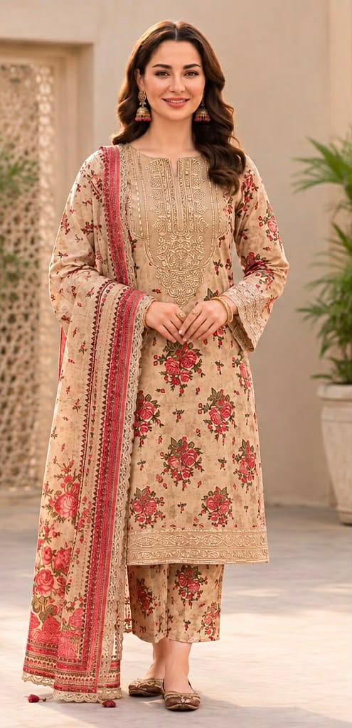 Beige Floral Print 3PC Linen Suit with Embroidered Neckline (HE D# 87)