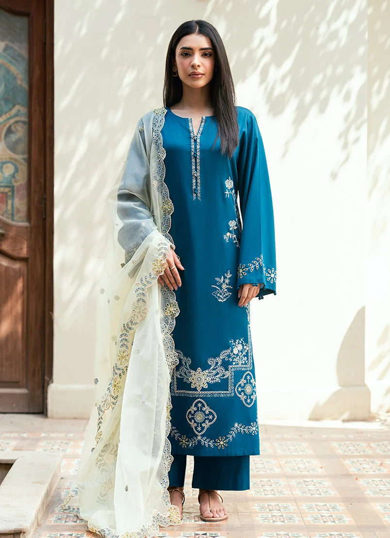 Teal Blue Embroidered 3 Piece Suit with Elegant Dupatta (HE # 31A)