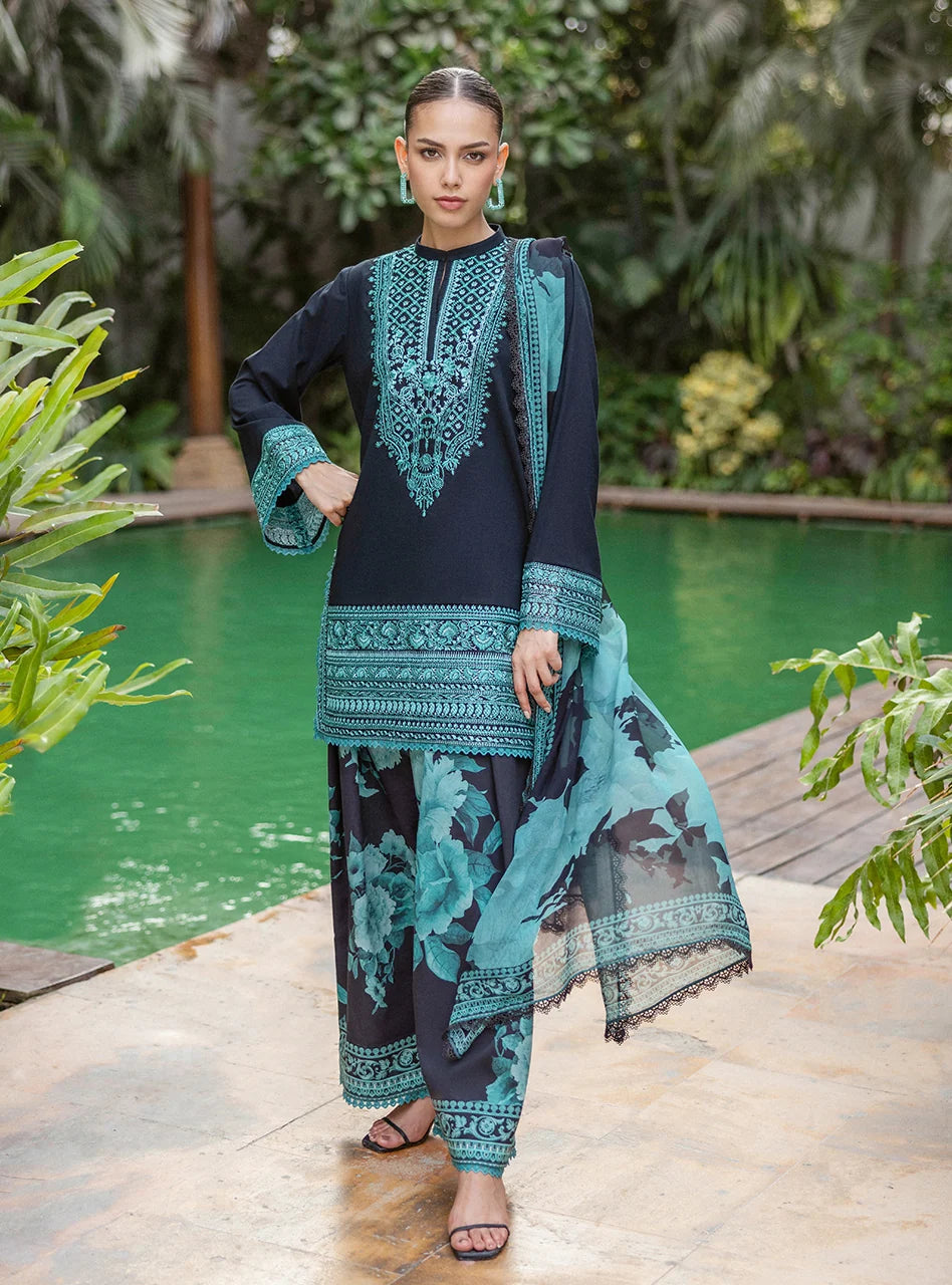 Black Teal Embroidered 3PC Linen Suit with Printed Organza Dupatta (HE D# 114)
