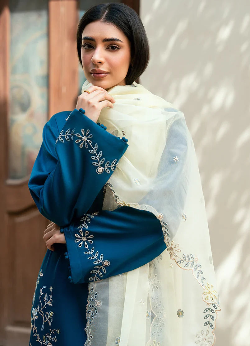 Teal Blue Embroidered 3 Piece Suit with Elegant Dupatta (HE # 31A)