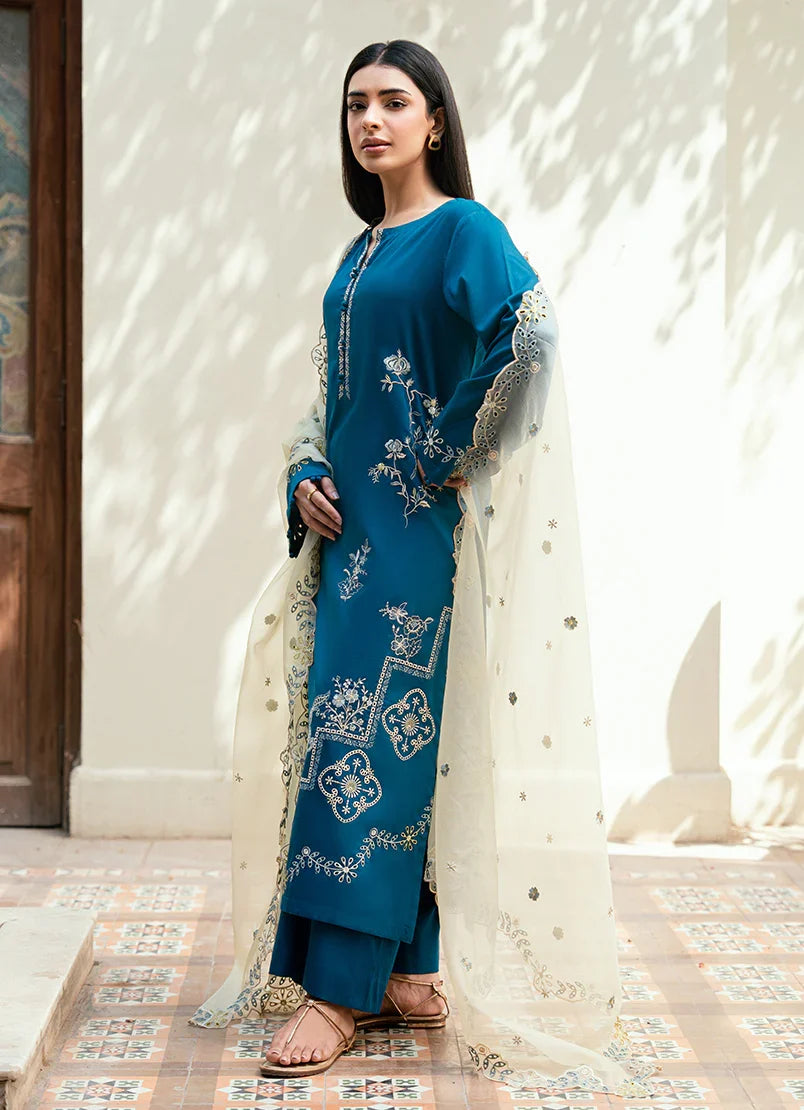 Teal Blue Embroidered 3 Piece Suit with Elegant Dupatta (HE # 31A)