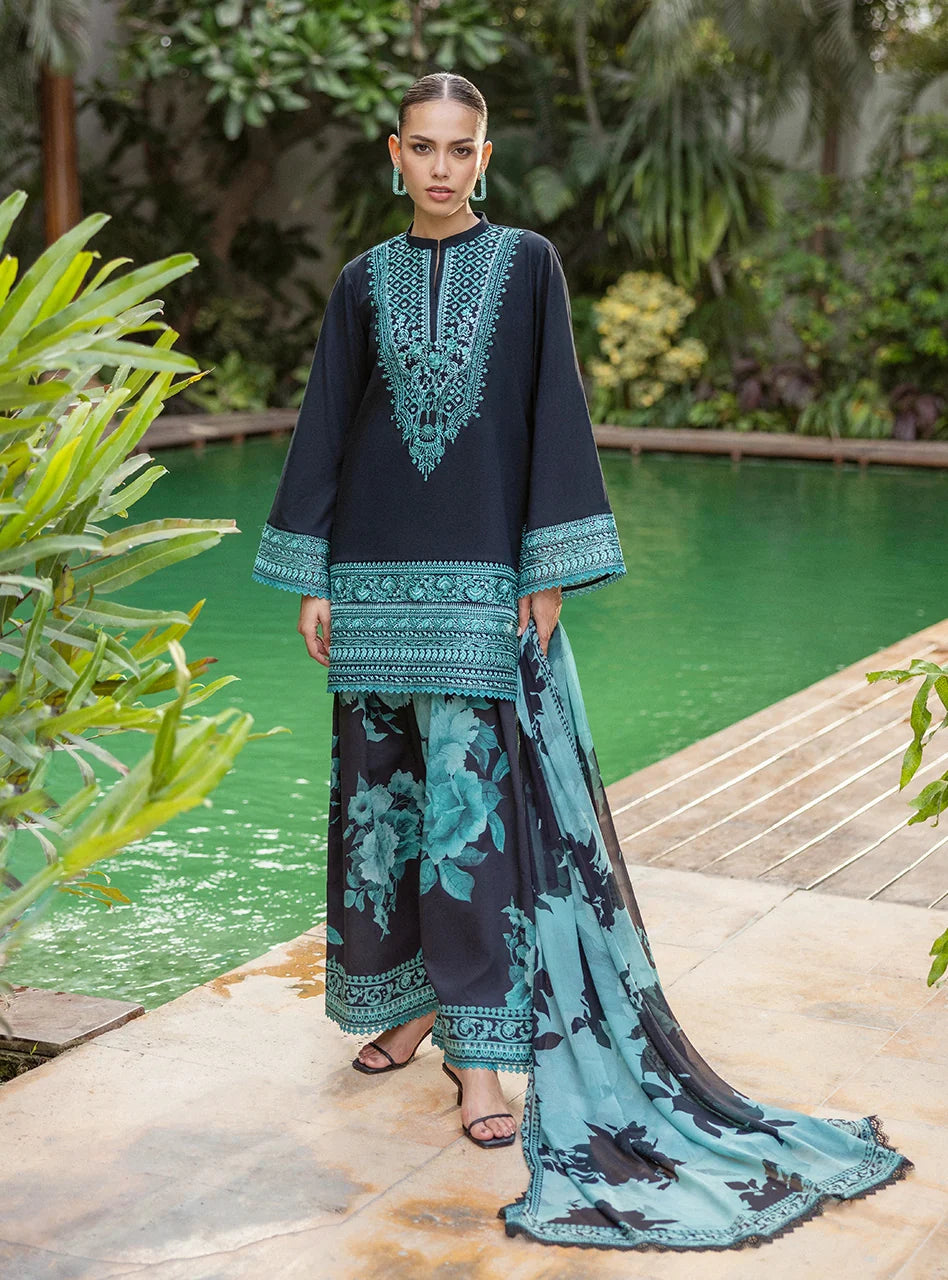 Black Teal Embroidered 3PC Linen Suit with Printed Organza Dupatta (HE D# 114)