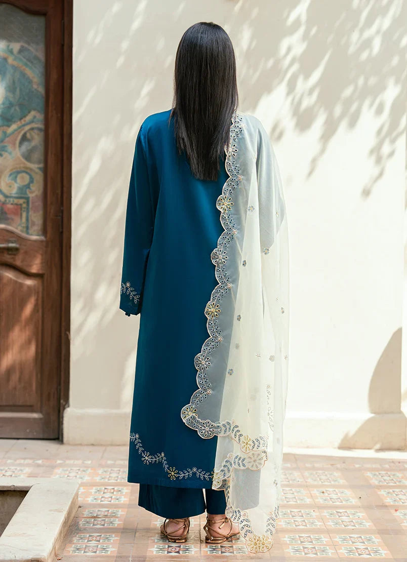 Teal Blue Embroidered 3 Piece Suit with Elegant Dupatta (HE # 31A)