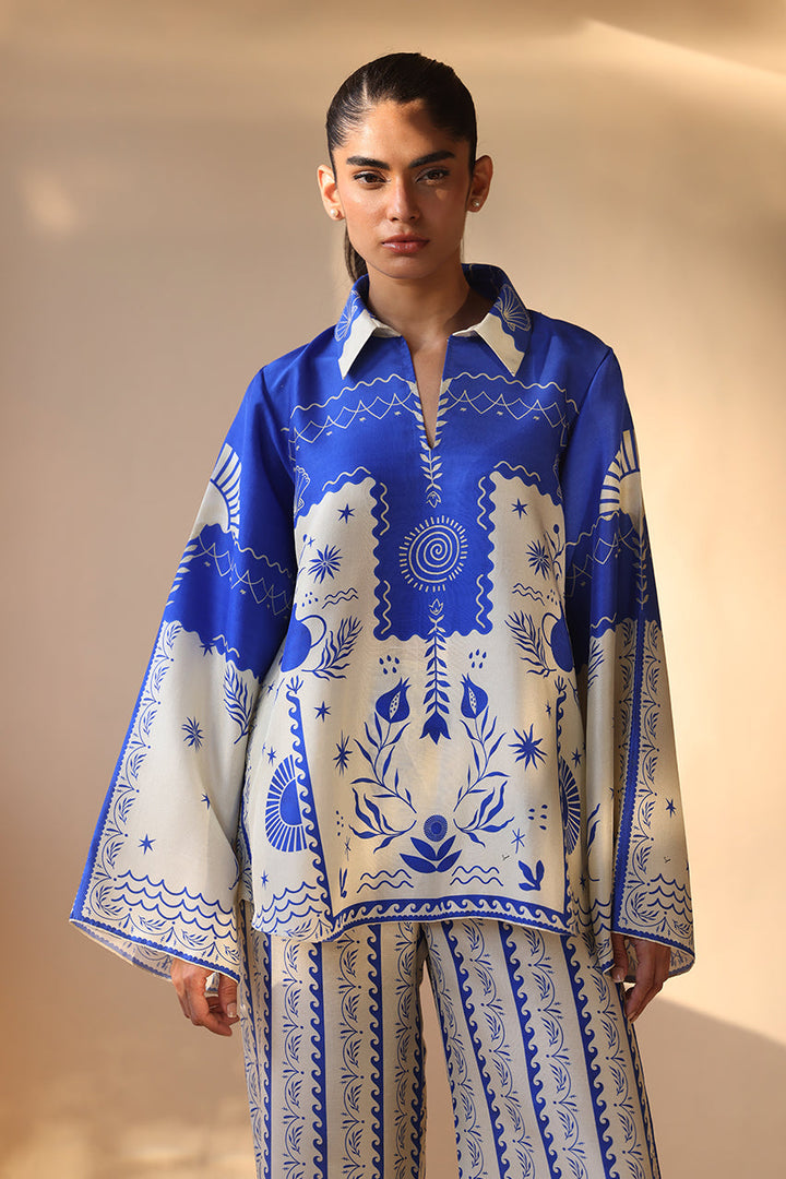 Blue Printed Unstitched 2PC Co-Ord Set (HE)