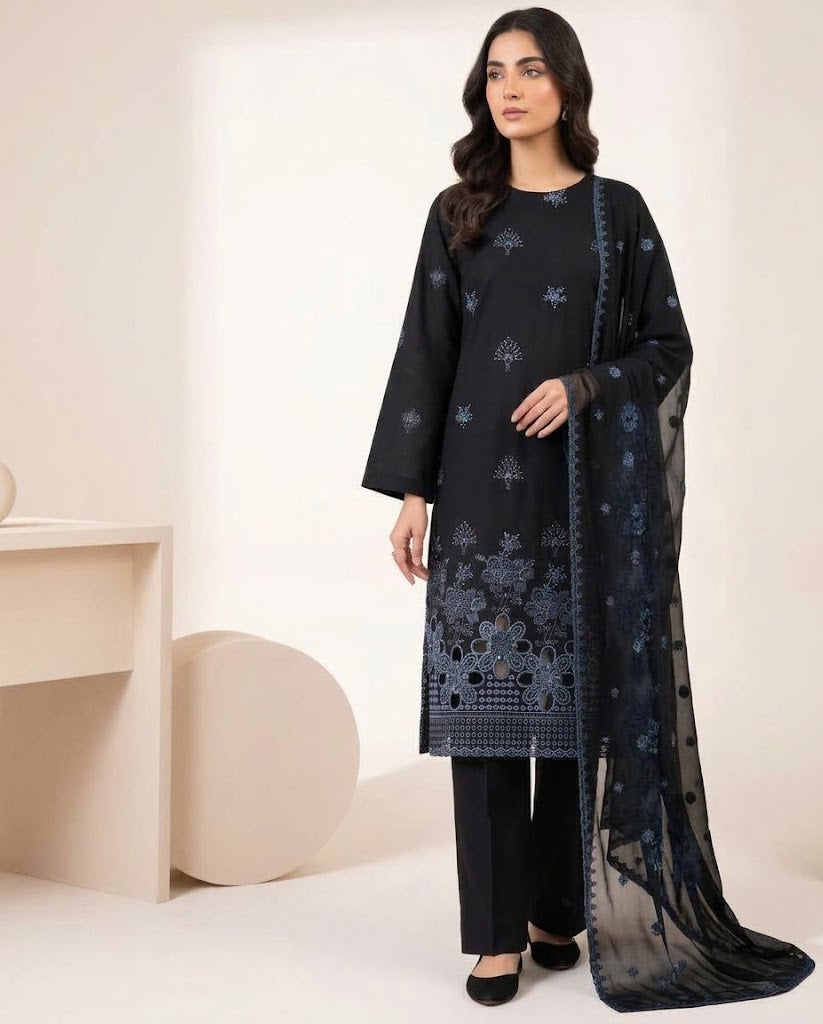 Black Embroidered 3PC Viscose Suit with Bamber Chiffon Dupatta (HE D#16B)