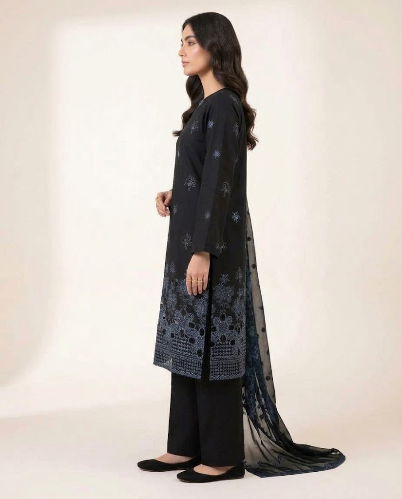 Black Embroidered 3PC Viscose Suit with Bamber Chiffon Dupatta (HE D#16B)