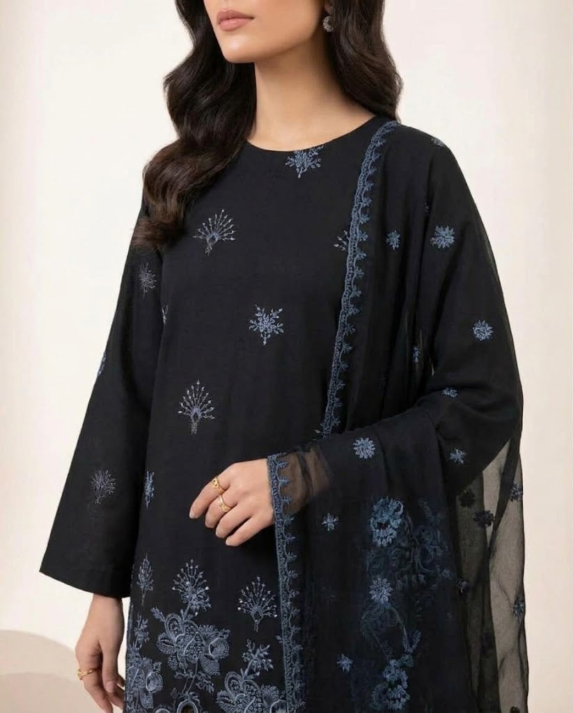 Black Embroidered 3PC Viscose Suit with Bamber Chiffon Dupatta (HE D#16B)