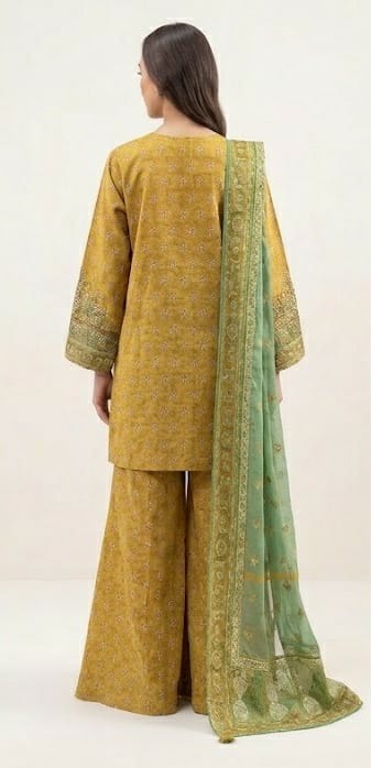 Mustard Yellow Embroidered 3PC Suit with Green Contrast Trim (HE D#88A)