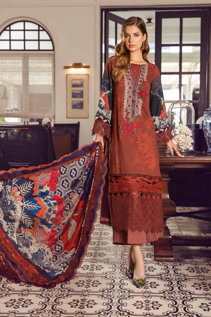Rust & Navy Embroidered 3-Piece Unstitched Suit (SS 778)