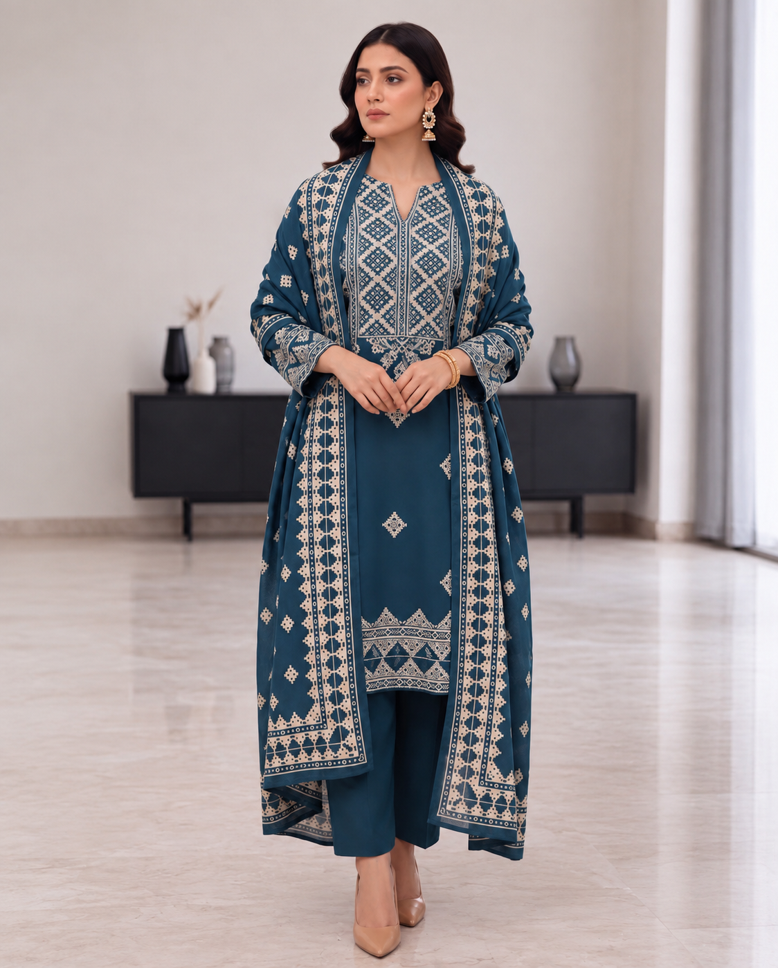 Teal Blue Embroidered 3PC Dhanak Suit with Digital Printed Shawl (HE D#283B)