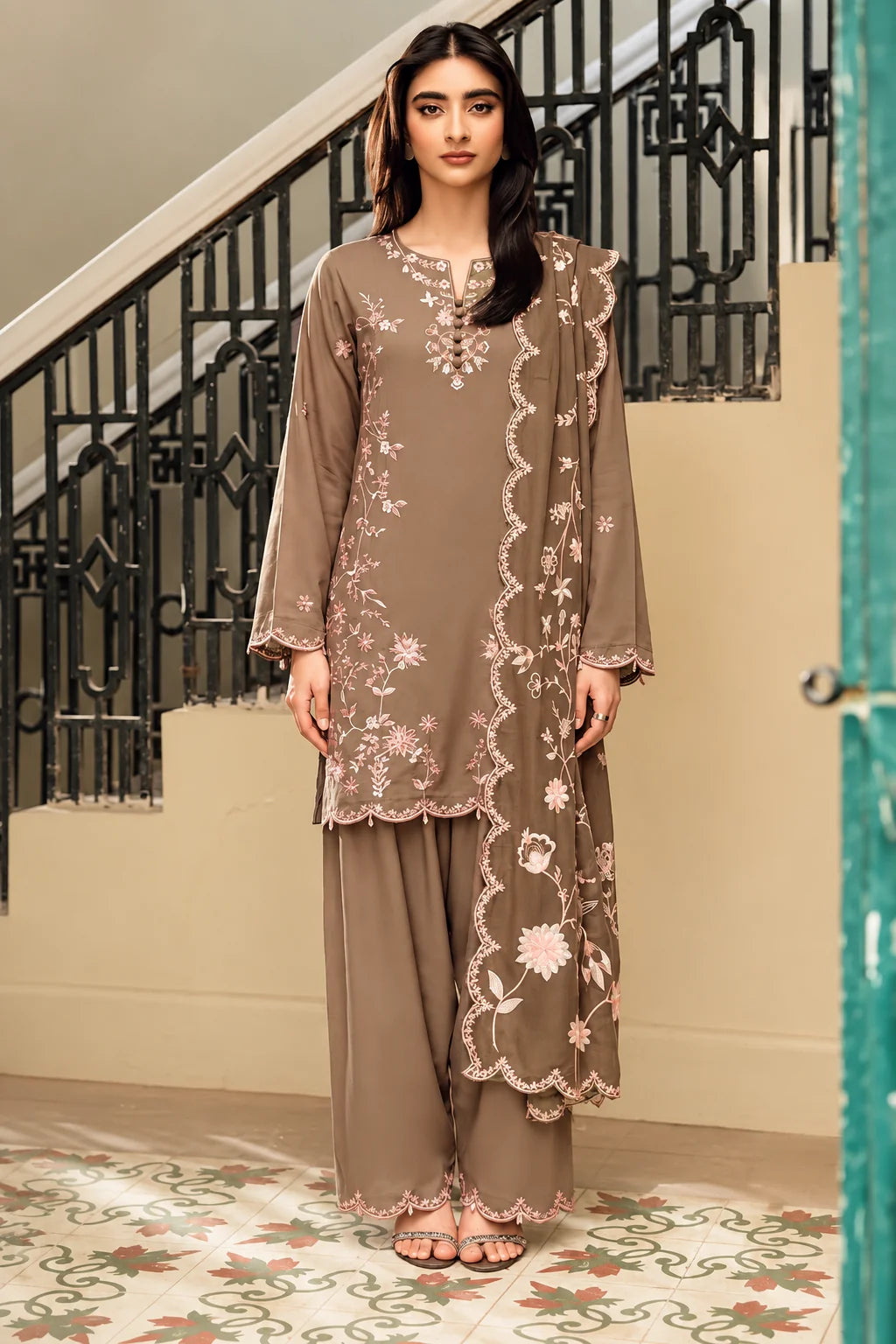 Muted Taupe Embroidered 3PC Dhanak Suit with Digital Printed Shawl (HE D# 213B)