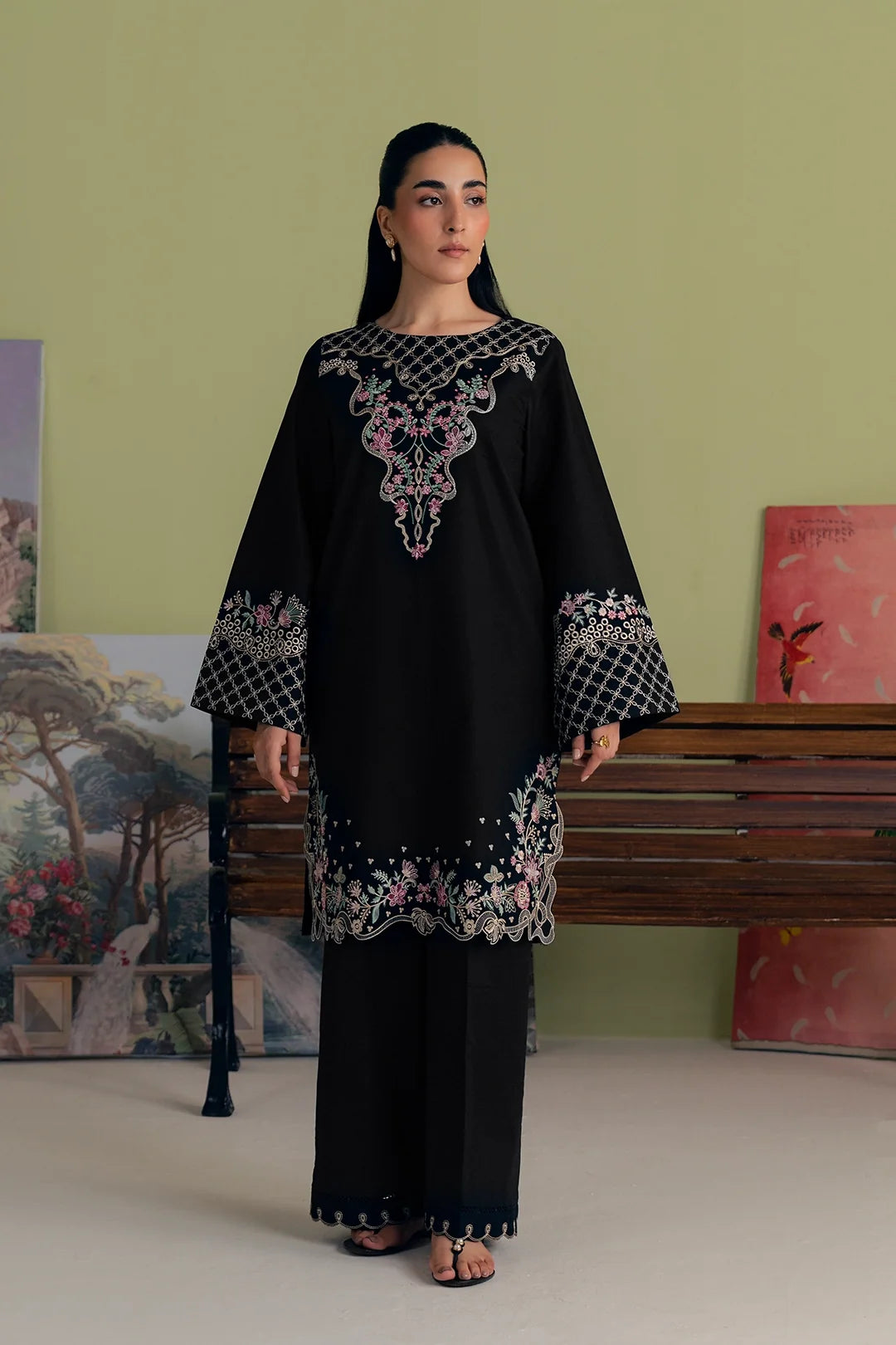 Black Embroidered 3PC Dhanak Suit with Scalloped Floral Embroidery (HE D# 264A)