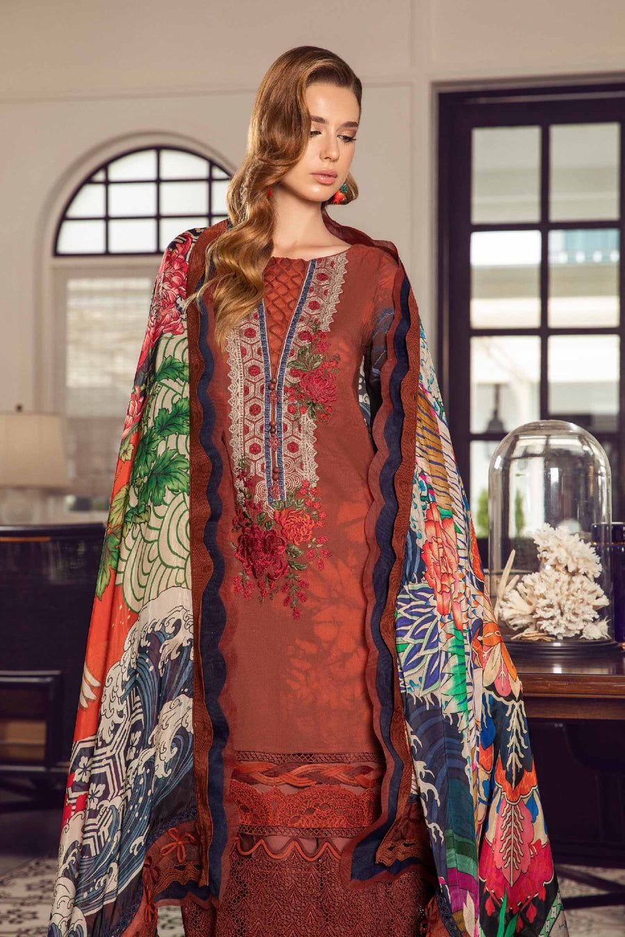 Rust & Navy Embroidered 3-Piece Unstitched Suit (SS 778)