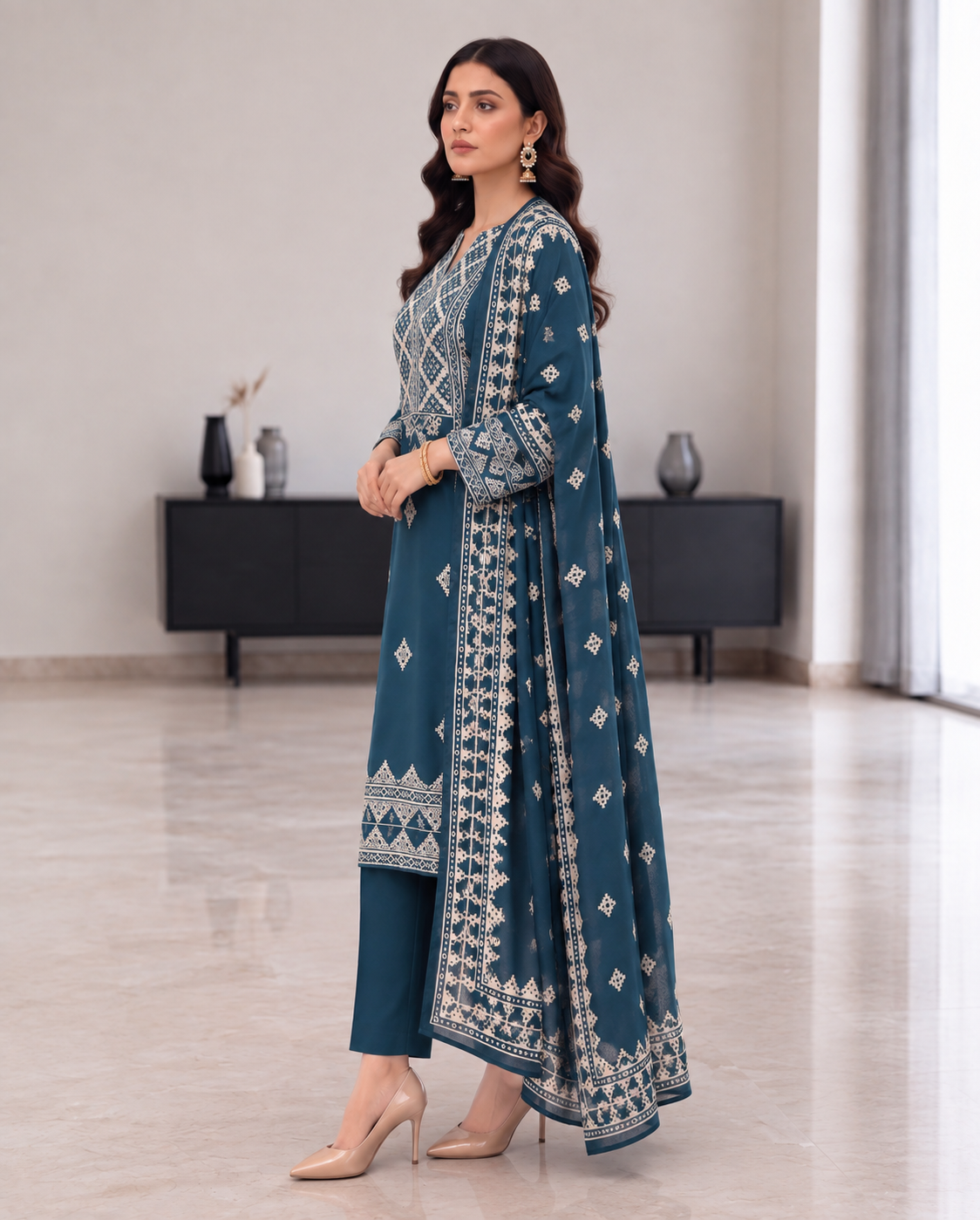 Teal Blue Embroidered 3PC Dhanak Suit with Digital Printed Shawl (HE D#283B)