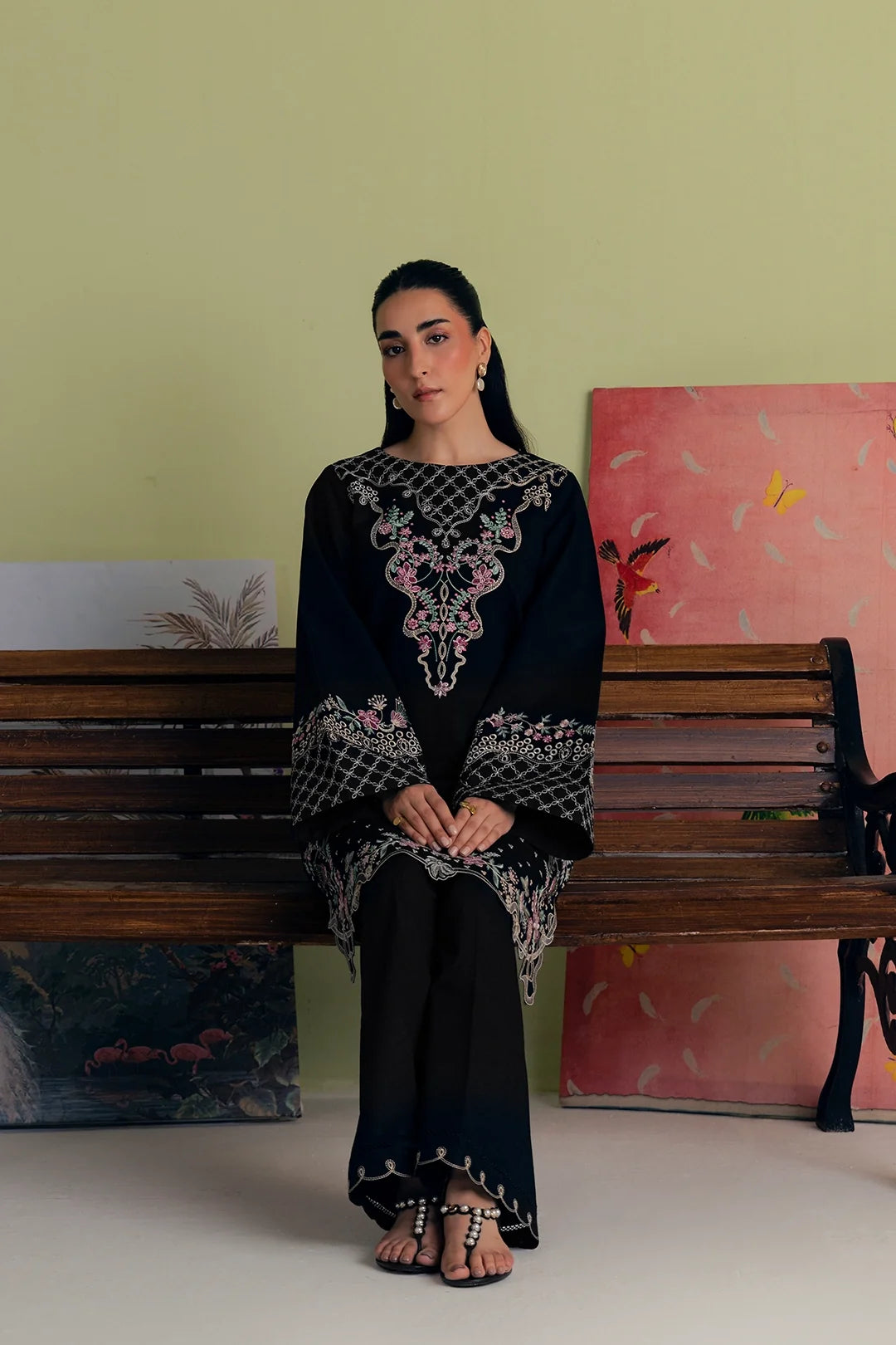 Black Embroidered 3PC Dhanak Suit with Scalloped Floral Embroidery (HE D# 264A)