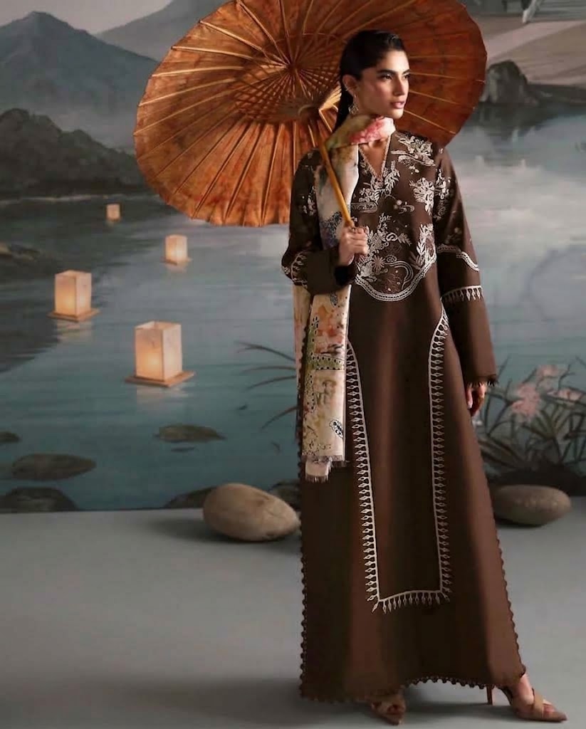 Chocolate Brown Embroidered 3PC Dhanak Suit with Digital Printed Dupatta (HE D#18A)