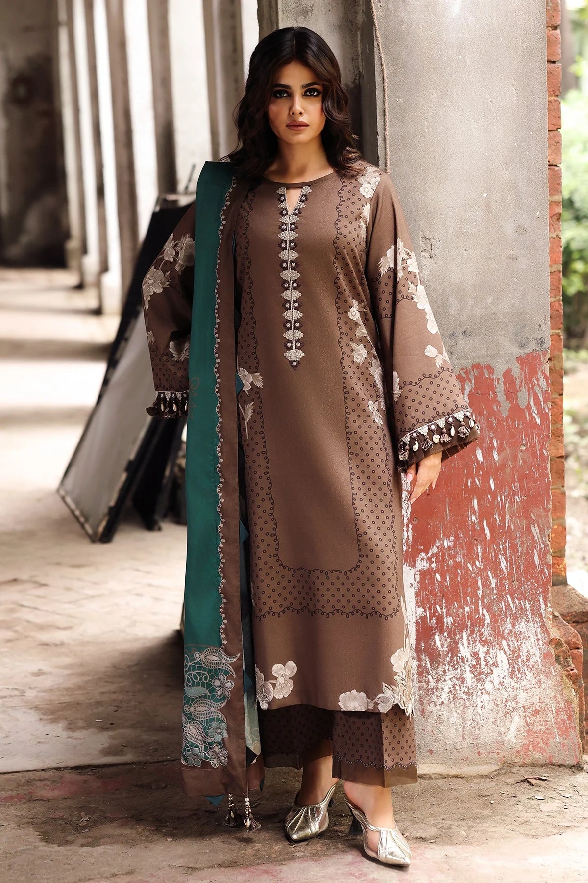 Chocolate Brown Embroidered 3PC Dhanak Suit with Digital Printed Dupatta (HE D#06)