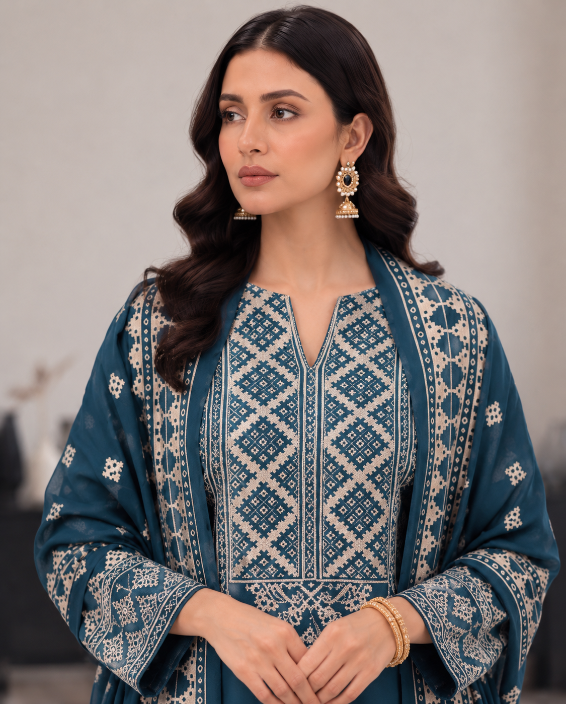 Teal Blue Embroidered 3PC Dhanak Suit with Digital Printed Shawl (HE D#283B)
