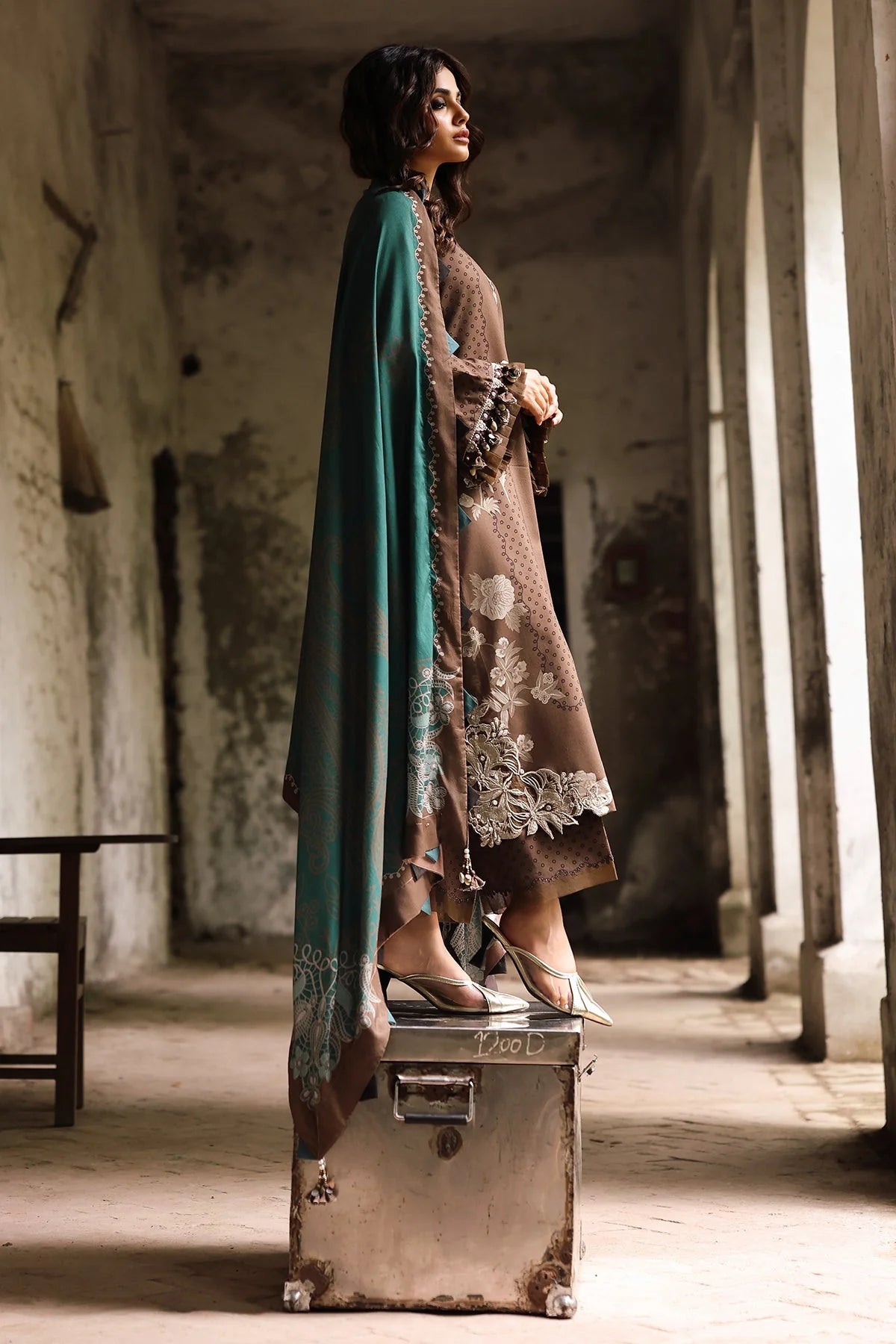 Chocolate Brown Embroidered 3PC Dhanak Suit with Digital Printed Dupatta (HE D#06)