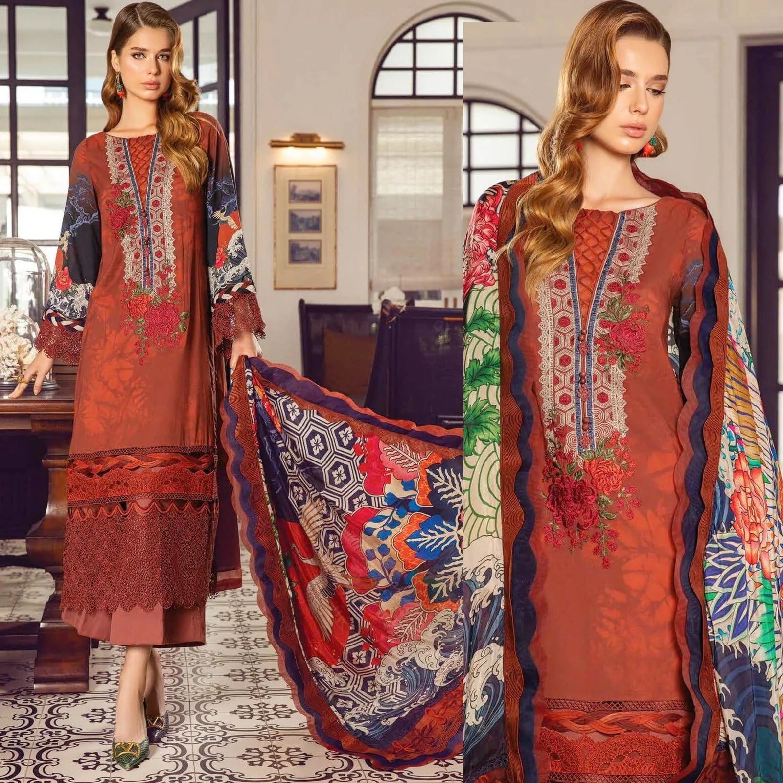 Rust & Navy Embroidered 3-Piece Unstitched Suit (SS 778)