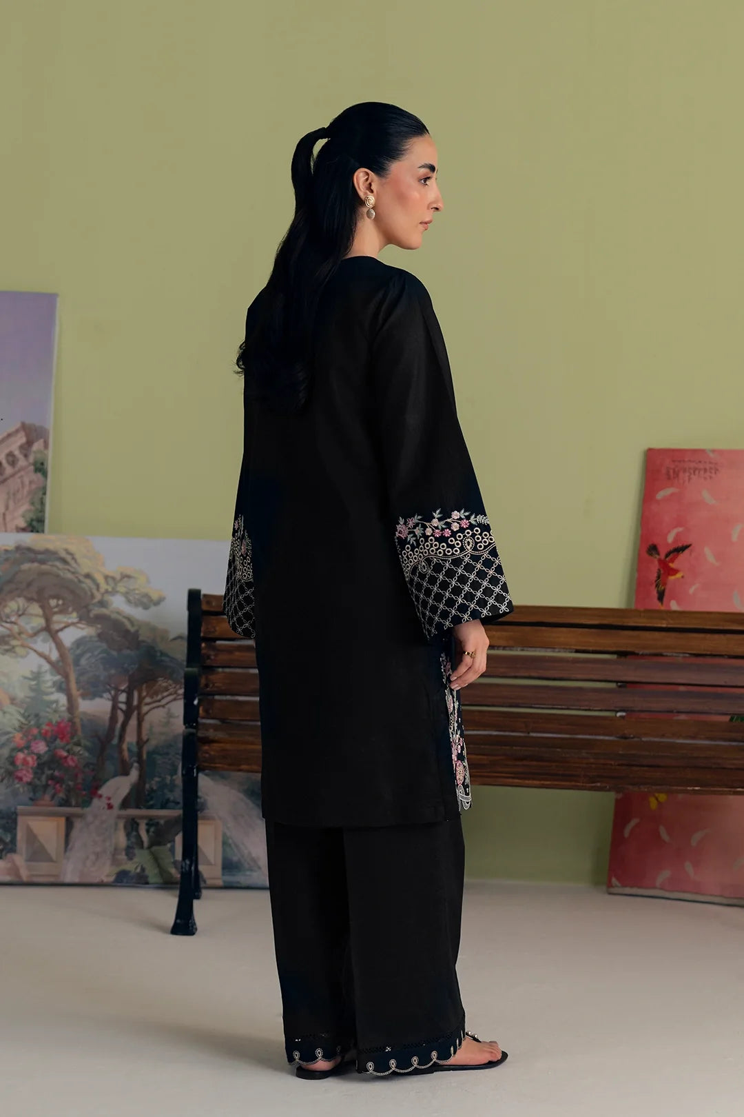 Black Embroidered 3PC Dhanak Suit with Scalloped Floral Embroidery (HE D# 264A)