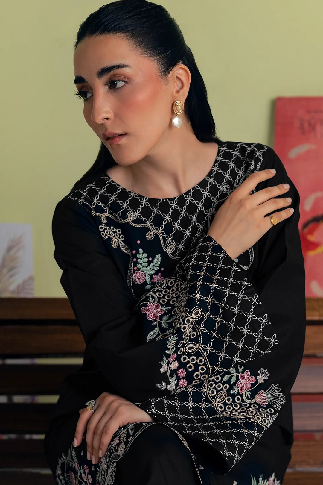Black Embroidered 3PC Dhanak Suit with Scalloped Floral Embroidery (HE D# 264A)