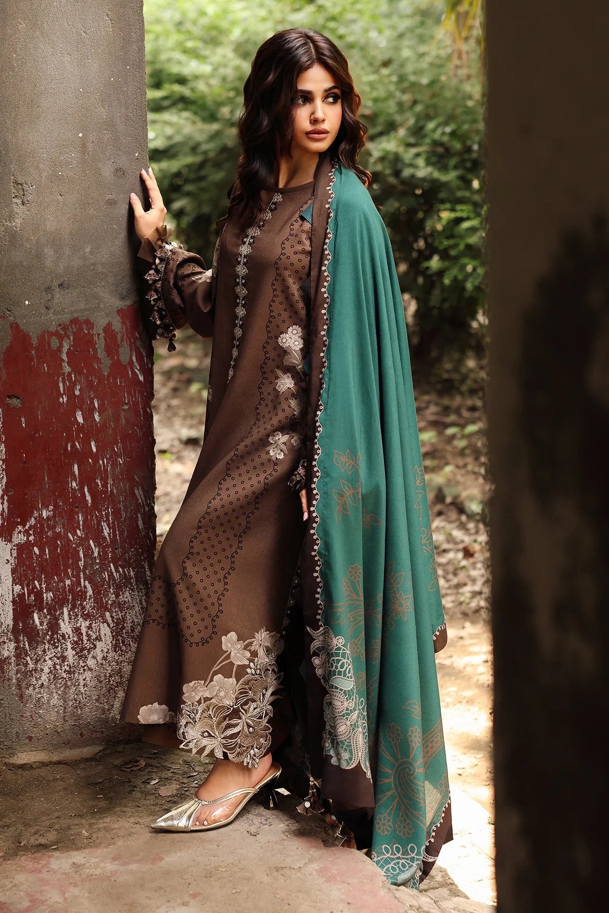 Chocolate Brown Embroidered 3PC Dhanak Suit with Digital Printed Dupatta (HE D#06)
