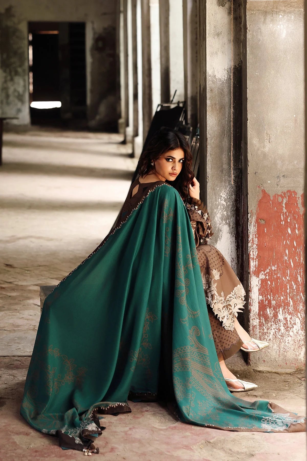 Chocolate Brown Embroidered 3PC Dhanak Suit with Digital Printed Dupatta (HE D#06)