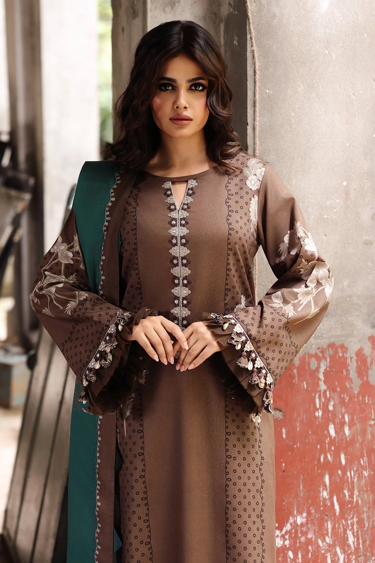 Chocolate Brown Embroidered 3PC Dhanak Suit with Digital Printed Dupatta (HE D#06)