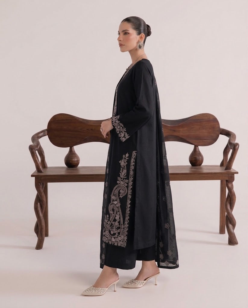 Jet Black Embroidered 3PC Dhanak Suit with Digital Printed Shawl (HE D#255A)