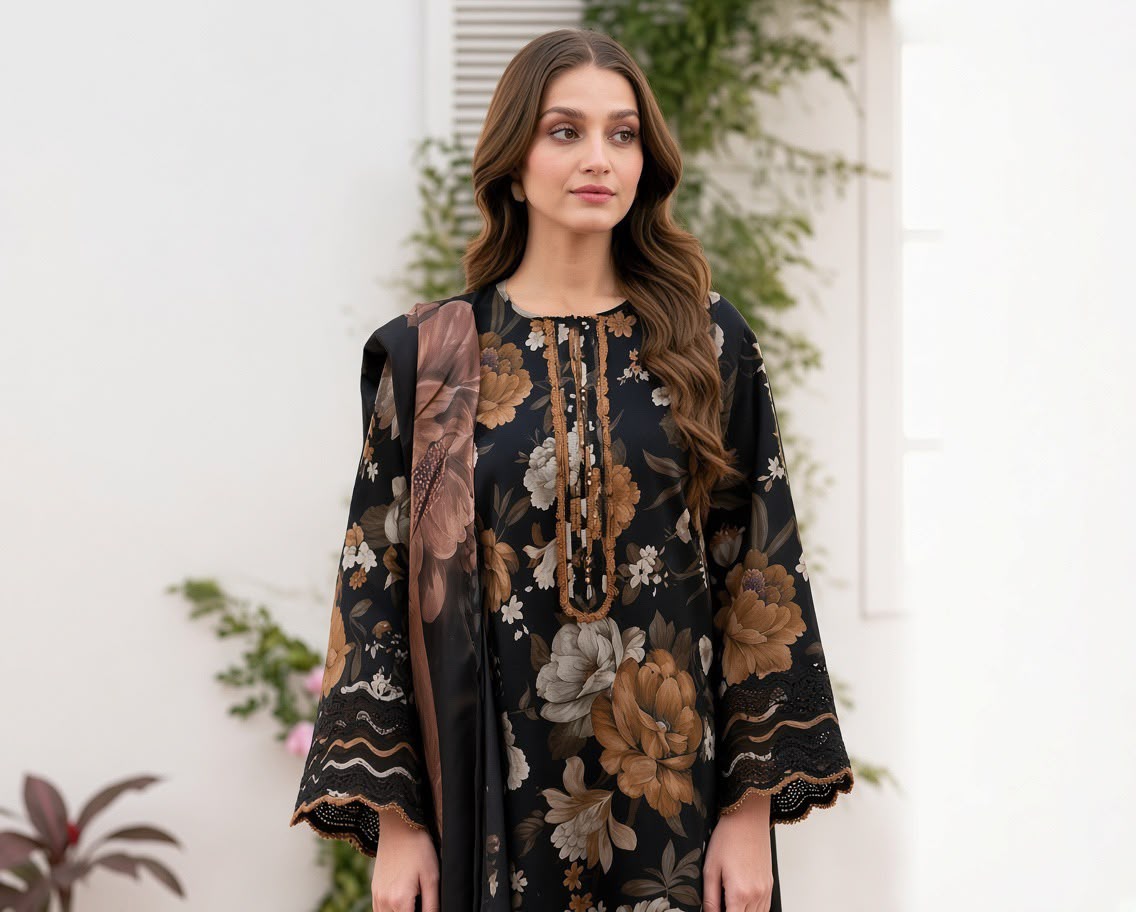 Black Floral Print 3PC Linen Suit with Lace-Trimmed Sleeves (HE D# 82)