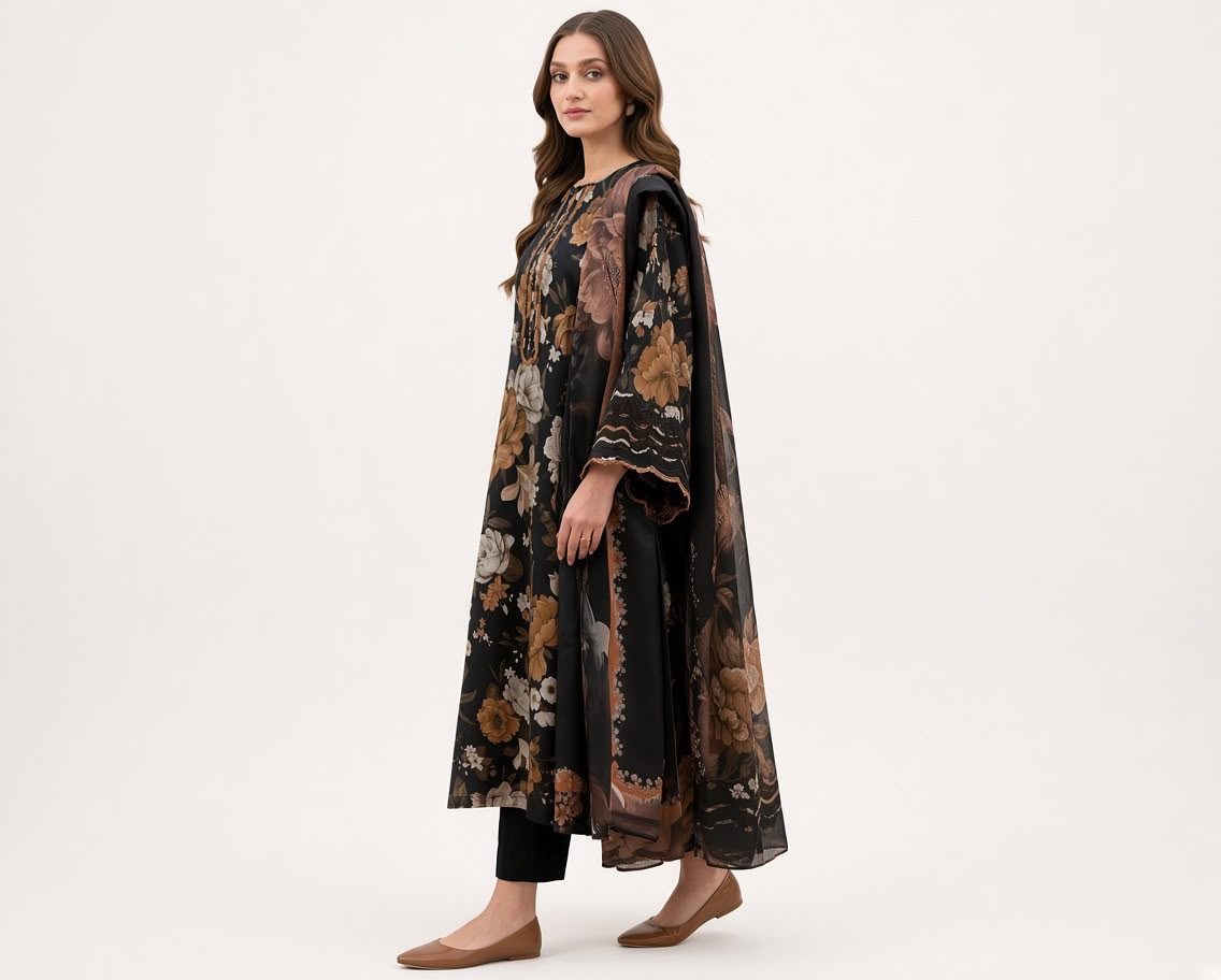 Black Floral Print 3PC Linen Suit with Lace-Trimmed Sleeves (HE D# 82)